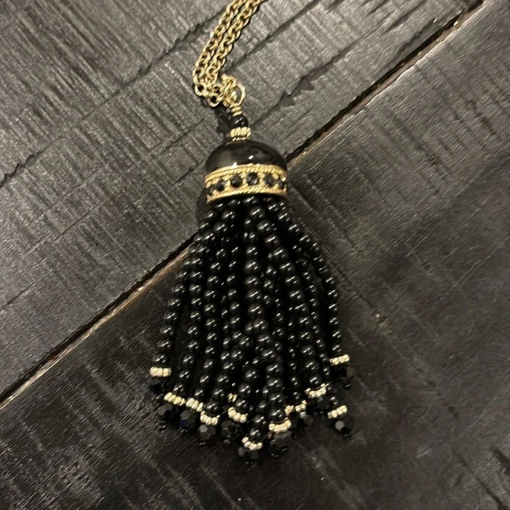 Banana Republic Enamel Black Beads Tassel Chain Necklace Gold Tone Boho​